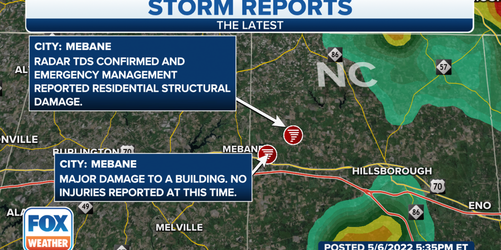 Damage reported as apparent tornado sweeps through North Carolina town