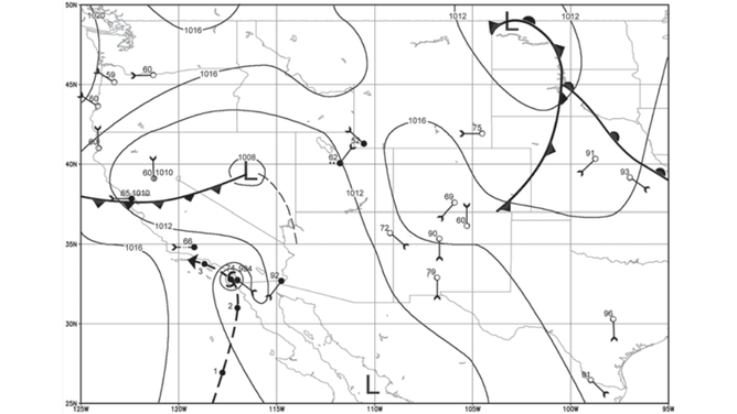 An illustration of the weather map for Oct. 2, 1858, when the hurricane was likely at its closest approach to San Diego. The thick dashed line indicates the likely track of the hurricane.
