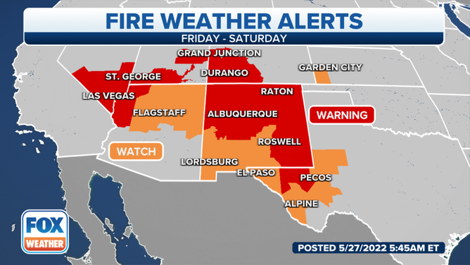 Fire weather alerts across the Southwest for Friday, May 27, 2022.