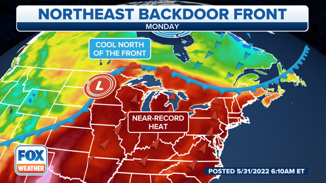 An example of a backdoor cold front setup in the Northeast on Monday, May 30, 2022.