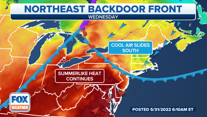 An example of a backdoor cold front setup in the Northeast on Wednesday, June 1, 2022.