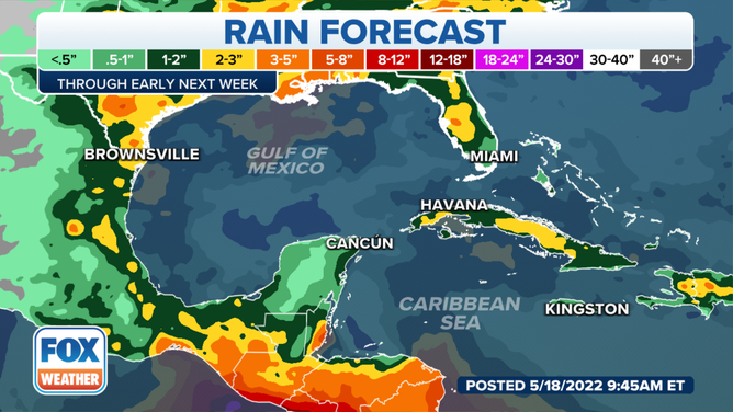 Rainfall forecast in Central America, Mexico and the U.S. Gulf Coast through early next week.