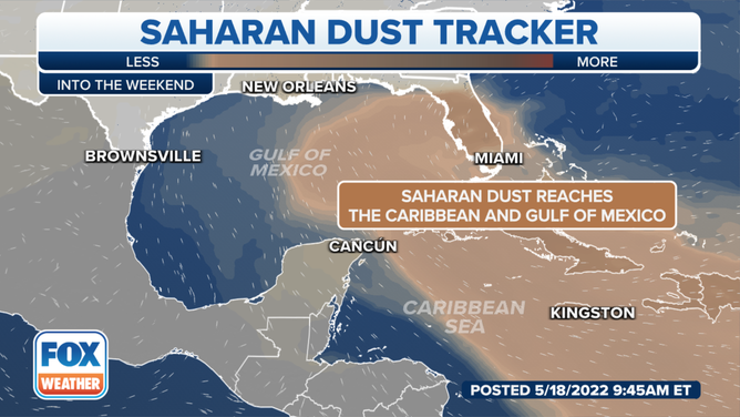 A Saharan dust plume will be transported toward the Caribbean and the Gulf of Mexico into this weekend.