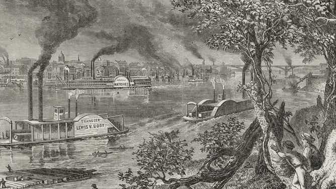 A view across the Mississippi River from the Illinois shore toward St. Louis, ca 1850.