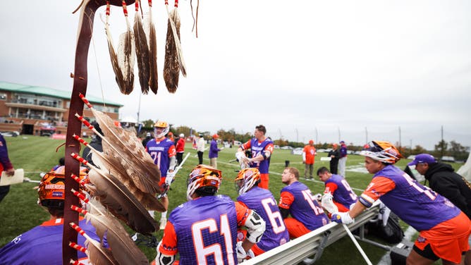The ceremonial eagle staff rests on the Haudenosaunee Men's lacrosse team bench at the Lacrosse International Super Sixes Tournament on October 24, 2021 in Sparks, MD.