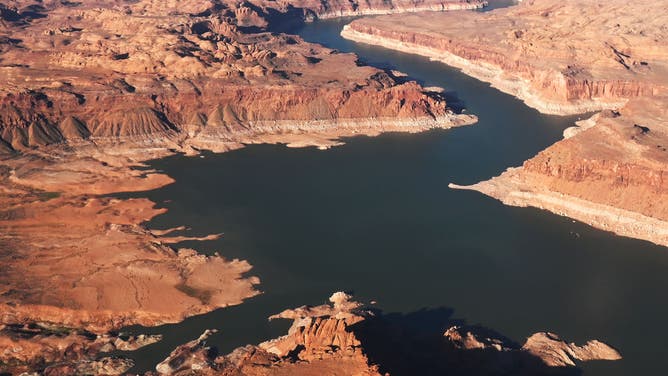PAGE, ARIZONA - APRIL 5: Water levels are at a historic low at Lake Powell on April 5, 2022 in Page, Arizona. Flight for aerial photography was provided by EcoFlight.