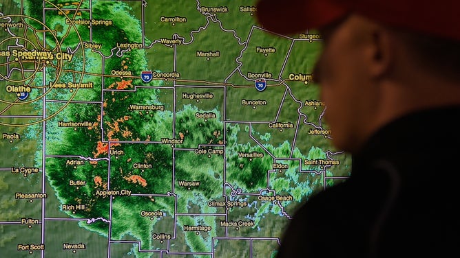 Weather radar as seen in the pit box during a rain delay at the Kansas Speedway on May 9, 2015.