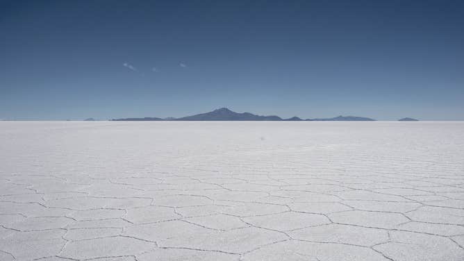 The Salar de Uyuni, a flat salt plain that covers just over 4,000 square miles and lies at 12,000 ft above sea level in Uyuni, Bolivia.