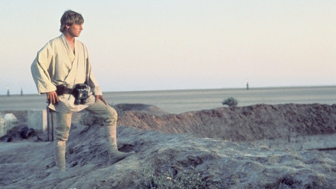 Actor Mark Hamill on the set of Star Wars: Episode IV - A New Hope written, directed and produced by Georges Lucas. 