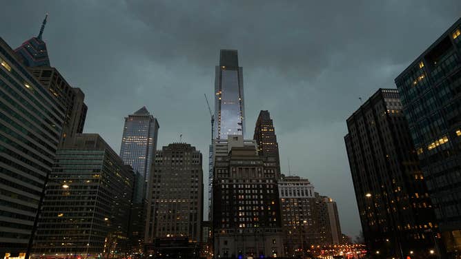 Heavy thunderstorm clouds fill the sky over Center City Philadelphia.