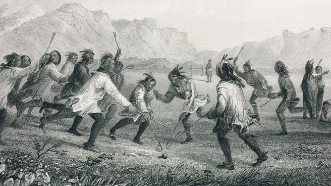 Athletes playing lacrosse. In Native languages, lacrosse is known by different names, such as "baggataway" and "tewaaraton".