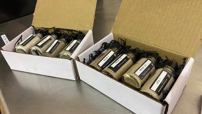 Small bottles of Lunar Mare Simulant, Lunar Highland Simulant and Mars simulant at UCF's Exolith Lab in Oviedo, Florida. Packages like these are popular with schools and educators.(Image: Emilee Speck/FOX Weather)