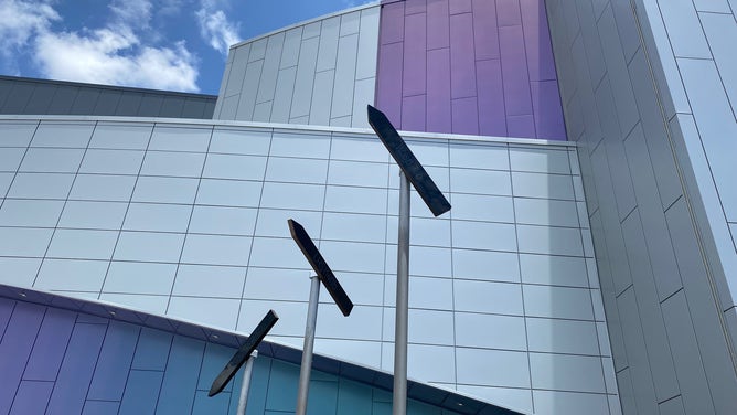 NASA JPL data is used to move these signs showing where planets, exoplanets and spacecraft are in the universe. The display is outside the doors of Kennedy Space Center Visitor Complex's new "Gateway: The Deep Space Launch Complex" interactive exhibit. (Image: Emilee Speck/FOX Weather)