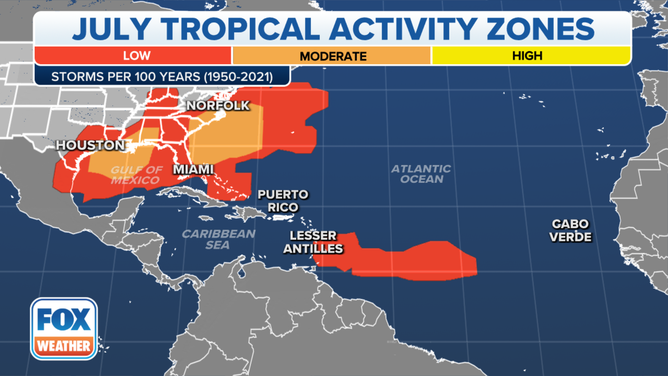 This map shows where tropical cyclone activity tends to occur during July. The data are shown as the combined number of tropical depressions, tropical storms and hurricanes whose centers pass within 125 miles of a point on the map during a 100-year period. The analysis is based on data from the 72-year period from 1950 to 2021 but normalized to 100 years.