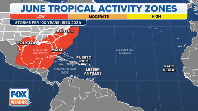 This map shows where tropical cyclone activity tends to occur during June. The data are shown as the combined number of tropical depressions, tropical storms and hurricanes whose centers pass within 125 miles of a point on the map during a 100-year period. The analysis is based on data from the 72-year period from 1950 to 2021 but normalized to 100 years.
