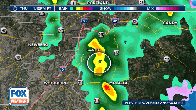 The lightning strike was detected on Doppler radar in Canby, Oregon, at about 1:45 p.m. Pacific time on Thursday, May 19, 2022.