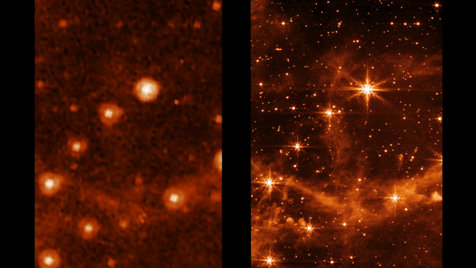 The Large Magellanic Cloud, a small satellite galaxy fo the Milky Way, is first shown in the image on the left taken by NASA's Spitzer Space Telescope and then on the right by the James Webb Space Telescope. The new image was taken by Webb’s coldest instrument: the Mid-Infrared Instrument, or MIRI.(Image credit: NASA/ESA/CSA/STScI; Spitzer: NASA/JPL-Caltech)