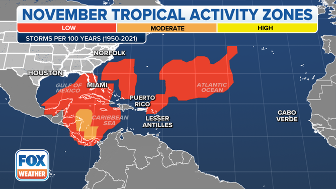 This map shows where tropical cyclone activity tends to occur during November. The data are shown as the combined number of tropical depressions, tropical storms and hurricanes whose centers pass within 125 miles of a point on the map during a 100-year period. The analysis is based on data from the 72-year period from 1950 to 2021 but normalized to 100 years.