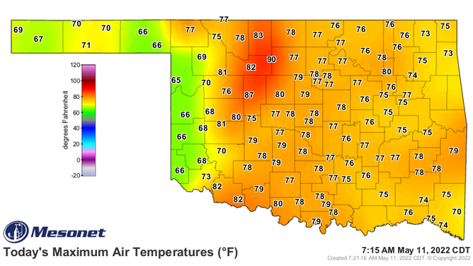 This map shows recorded daily high temperatures in Oklahoma as of 7:15 a.m. Central time on May 11, 2022. The heat burst can easily be spotted by the high temperature of 90 degrees in Lahoma in northwestern Oklahoma when compared to the much cooler temperatures across the rest of the state.