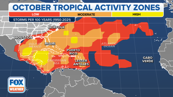 This map shows where tropical cyclone activity tends to occur during October. The data are shown as the combined number of tropical depressions, tropical storms and hurricanes whose centers pass within 125 miles of a point on the map during a 100-year period. The analysis is based on data from the 72-year period from 1950 to 2021 but normalized to 100 years.