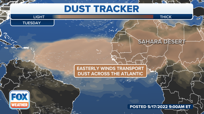 Saharan dust tracker for Tuesday, May 17, 2022.