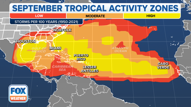This map shows where tropical cyclone activity tends to occur during September. The data are shown as the combined number of tropical depressions, tropical storms and hurricanes whose centers pass within 125 miles of a point on the map during a 100-year period. The analysis is based on data from the 72-year period from 1950 to 2021 but normalized to 100 years.