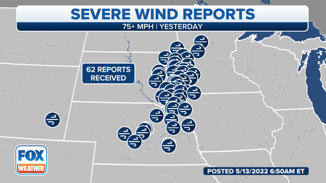 A map showing all 62 reports of 75-plus-mph wind gusts on Thursday, May 12, 2022.