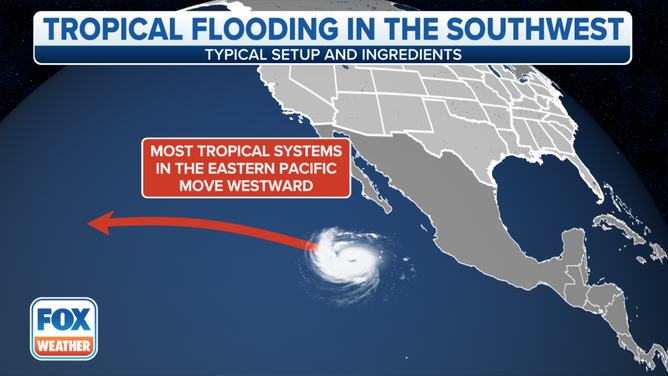Most tropical storms and hurricanes that form in the Eastern Pacific track westward and away from land.