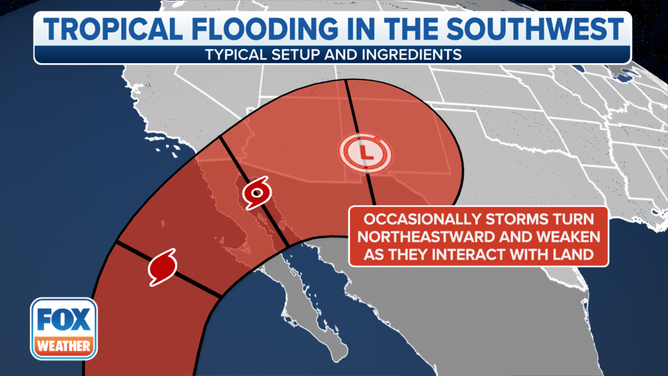 Any tropical cyclones that remain intact as they arrive in the southwestern U.S. will be in a weakened state.