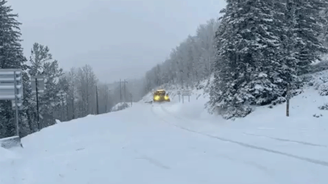 Utah Department of Transportation snowplows work to clear fresh snow on Memorial Day in the upper canyons. (Image: UDOT)