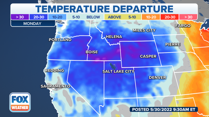 Temperatures will be well below average for parts of the West on Monday before a warming trend begins mid week.