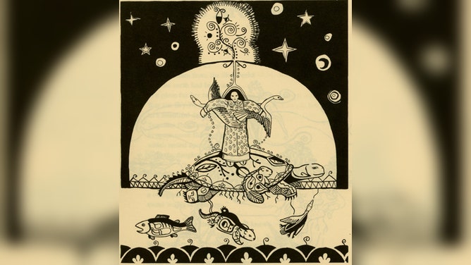 Illustration of the woman who fell from the sky, creating "Turtle Island".