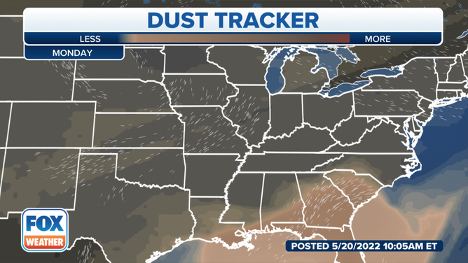 Saharan dust tracker for Monday, May 23, 2022.