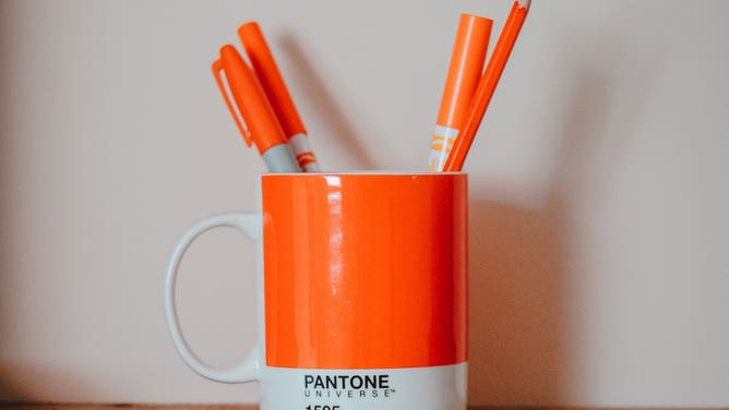 A mug adorned with Pantone color 1505.