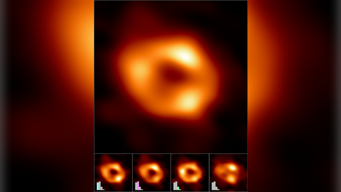 The Event Horizon Telescope (EHT) Collaboration has created a single image (top frame) of the supermassive black hole at the centre of our galaxy, called Sagittarius A* (or Sgr A* for short), by combining images extracted from the EHT observations. The image was produced by averaging together thousands of images created using different computational methods. An averaged, representative image for each of the four clusters is shown in the bottom row. Three of the clusters show a ring structure but, with differently distributed brightness around the ring. The fourth cluster contains images that also fit the data but do not appear ring-like. The bar graphs show the relative number of images belonging to each cluster. Thousands of images fell into each of the first three clusters, while the fourth and smallest cluster contains only hundreds of images. The heights of the bars indicate the relative "weights," or contributions, of each cluster to the averaged image at top. Image credit: EHT Collaboration