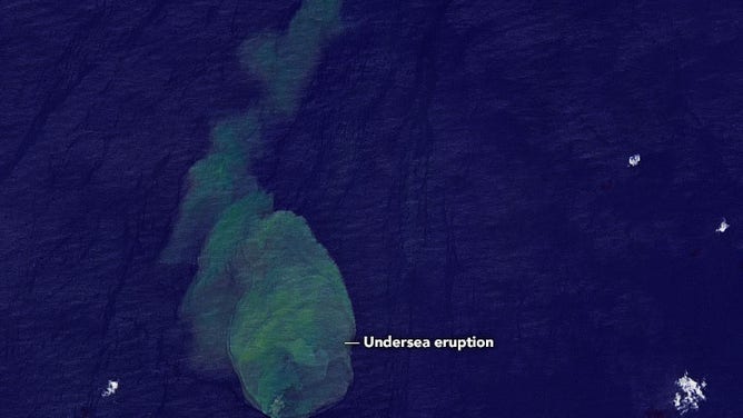 The image acquired on May 14, 2022, by the Operational Land Imager-2 (OLI-2) on Landsat 9, shows a plume of discolored water being emitted from the submarine volcano, which lies about 15 miles south of Vangunu Island. (Image credit:NASA Earth Observatory images by Joshua Stevens, using Landsat data from the U.S. Geological Survey.