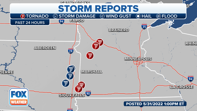 Storm damage reports from Monday, May 30, in Minnesota and South Dakota.