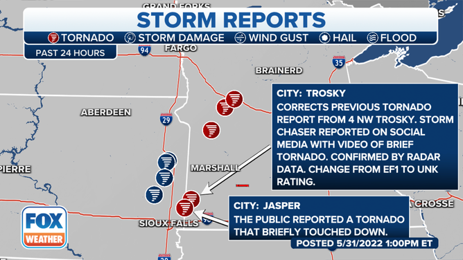 Storm damage reports from Monday, May 30, in Minnesota and South Dakota.
