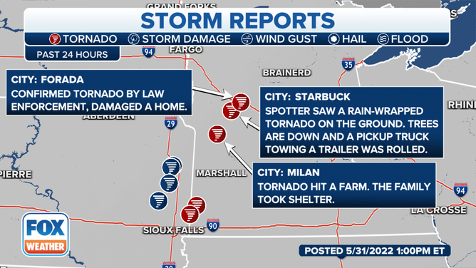 Storm damage reports of possible tornadoes from Monday, May 30, in Minnesota.