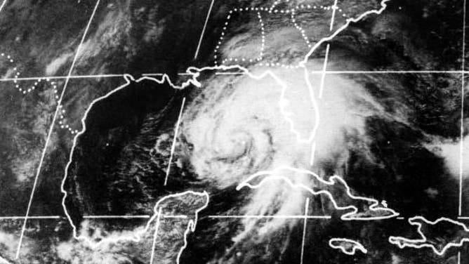 Satellite imagery shows Agnes churning through the Gulf of Mexico on June 18, 1972.