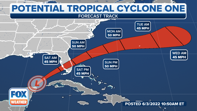 The cone of uncertainty issued by the National Hurricane Center for Potential Tropical Cyclone One on the morning of June 3, 2022.