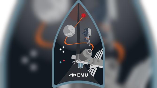 The Axiom SpaceX AxEMU patch. The blue star represents Ed White, the first American to perform an EVA. The red star represents Alexie Leonov, the first person to conduct a spacewalk. Each white star represents our AxEMU sub-system team. The gray path illustrates Axiom Space's continuous improvement in engineering design. The orange streak represents leveraging commercial EVA services for NASA’s exploration missions. (Image: Axiom Space)