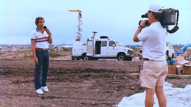 Norcross reporting weather on location in Weston, FL around 1988.