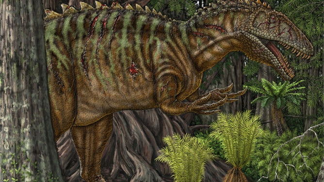 Acrocanthosaurus weaves its way through the brush.