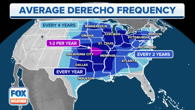 The average derecho frequency across the United States. (Data: NOAA/NWS/SPC)