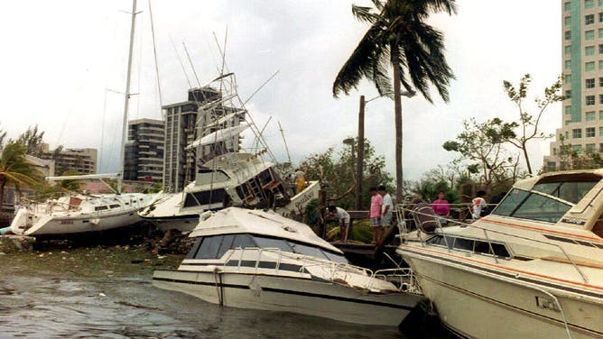 Wrecked boats after Hurricane Andrew swept through Miami, FL on August 24, 2991.