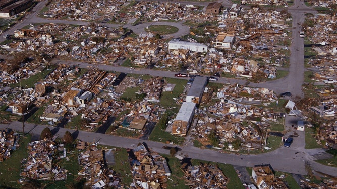 Homes were reduced to piles of rubble following Hurricane Andrew in August 1992.