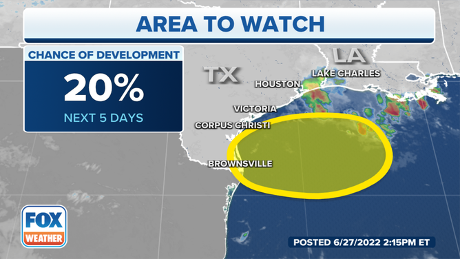 A tropical disturbance in the Gulf of Mexico has a slight chance of developing over the next five days.