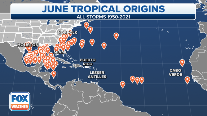 Each placemark denotes the location of a tropical depression, tropical storm or hurricane that formed in the Atlantic Basin during June between 1950 and 2021.