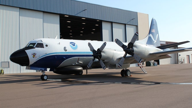NOAA Lockheed WP-3D Orion N43RF on the ramp at the NOAA Aircraft Operations Center on September 26, 2019.